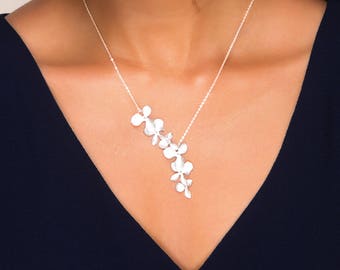 Trio Orchid Flower Necklace / Dainty STERLING Silver Necklace / Bridal Wedding Jewelry, Birthday, Bridesmaid Gifts, Orchid Jewelry
