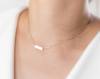 Personalized Small Gold Bar Necklace, Minimal Bar Necklace, Tiny Rectangle bar name necklace, Name Plate Jewelry, initial and date