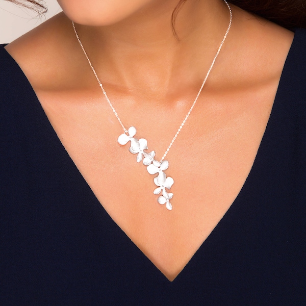 Trio Orchid Flower Necklace / Dainty STERLING Silver Necklace / Bridal Wedding Jewelry, Birthday, Bridesmaid Gifts, Orchid Jewelry