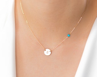 Collier monogramme d’or et petite perle de pierres précieuses, collier de cercle d’argent personnalisé, bijoux turquoise délicats, collier de charme en or rose