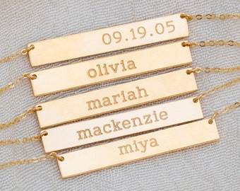Engraved Double-sided Long Bar Necklace, Gold Roman Numeral Bar Necklace, Wedding Date, Silver Coordinates, Rose Gold Name Plate Necklace