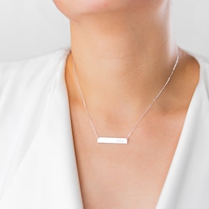 Name Bar Necklace, Silver Name Plate Necklace, Rectangle Initial Pendant Necklace. Simple Hammered Bar Necklace