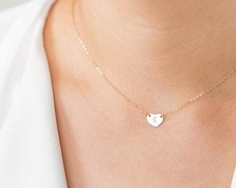 Personalized Heart Charm Necklace, Tiny Silver Heart Initial Necklace, Delicate Gold Monogram Tag Jewelry, Rose Gold Layered Necklace