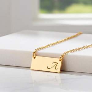 Personalized Small Gold Bar Necklace – Custom Engraved Nameplate Pendant, Dainty Rectangle Bar Necklace – Tiny Gold Plate Pendant for Women