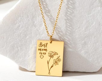 Collier pendentif rectangulaire fleur de naissance, collier doré « Meilleure maman du monde », bijou pour maman, cadeau pour maman, collier minimaliste, cadeau de Noël pour grand-mère