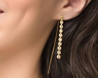 Multiple Tiny Coin Threader Earring, Dangle Disc Chain Earrings, Long Threading Earrings, Gold Long Chain Earrings