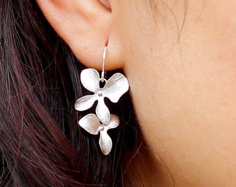 Dainty Silver or Gold Orchids Flower Earrings - Birthday, Valentine Jewelry, Anniversary, Bridesmaid Gifts