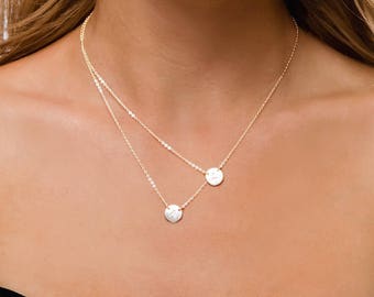 Small Circle Layered Necklace – Personalized Double Disc Jewelry, Custom Layered Necklace with Two Discs – Engraved Initial Charm Necklace