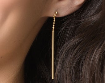 Bar Tube Dangle Post Earrings, Gold Silver