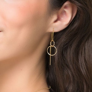 Interlocking Circle Threader Earrings, Double Circle Dangle Earrings, Entwined Ring Jewelry, Dainty Gift for Her, Couple Halo Earrings