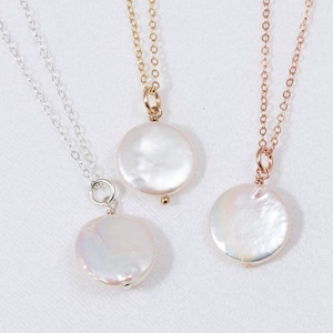 Dainty Freshwater Coin Pearl Necklace, Dangle Solitaire Pearl Pendant Necklace, Gift For Mom, Round Pearl Jewelry Gold Silver Rose Gold
