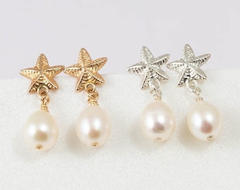 Starfish and Sea Sell Pearl Earrings, Dainty Earrings, Beach Jewelry, Fresh Water Pearl Earrings