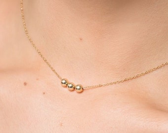Delicate Gold Tiny Triple Bead Necklace, Small Silver Ball Necklace, Layering Rose Gold Pendant Jewelry, Tiny Silver Beads