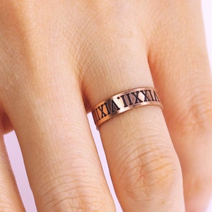 Personalized Bar Band Ring, Gold or Silver or Rose Gold Fill Stacking Ring, Dainty Engraved His and Her Name Ring, GPS Roman Numerals Ring image 1