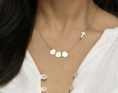 Initial Sideways Cross Necklace, Personalized Two Three Monogram Pendant Necklace, Religious Necklace, Rose Gold Disc Mothers Necklace