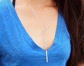 Circle Lariat Necklace Dainty Karma Necklace, Skinny Bar Drop Necklace Delicate Gold Necklace Layering Drop, Long Y Necklace