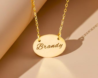Personalized Oval Disc Necklace, Dainty Name Pendant Jewelry, Engraved Initial Necklace, Minimalist Gift for Mom, Gold-fill, Sterling Silver