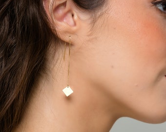 Threader Earrings, Square Threader Earrings, Square Ear Threaders, Dangle Long Earrings, Threader Earring Gold, Long Threader Earrings