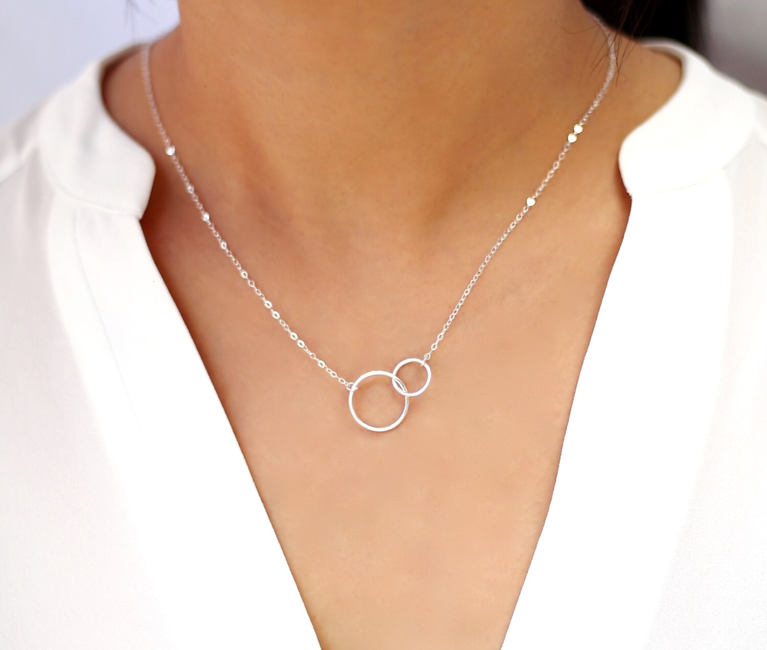 Rose Gold & Double Circle Necklace with Simulated Diamonds