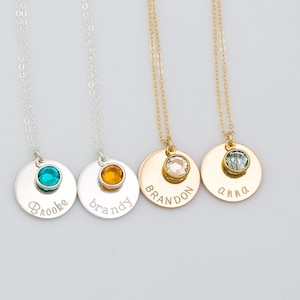 Custom Name Necklace with Birthstone, Personalized Disc Necklace, Nameplate Circle Necklace, Birth Date Jewelry, Christmas Gift idea