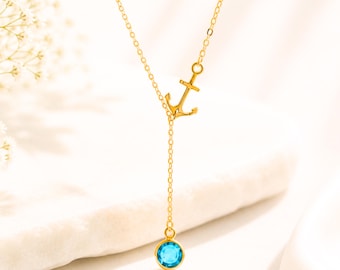 Sideways Anchor Y Lariat Necklace, Custom Bezel Birthstone Jewelry, Dainty Nautical Jewelry Gift for her, Gold, Silver chain