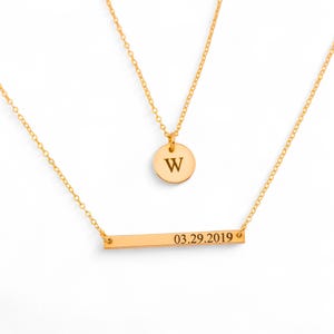Layering Necklace, Double Strand Necklace, Initial Necklace Gold, Circle Necklace, Silver Layered Necklace, Hammered Bar Necklace Gold