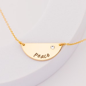 Half Circle Pendant Necklace with Birthstone, Delicate Gratitude Necklace, Personalized Birthstone Necklace, Luna Moon Jewelry