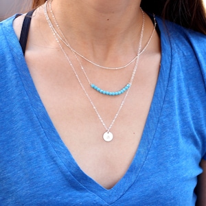 Dainty Gold Layered Necklace Set, Silver long Gemstone Bar Layering  Jewelry, Initial Pendant Circle Necklace, Rose Gold Women Multi Strands