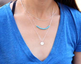 Long Gemstone Bar Necklace with Initial Pendant, Personalized Layered Necklace – Birthstone Bar + Initial Circle Pendant – Gift for Her