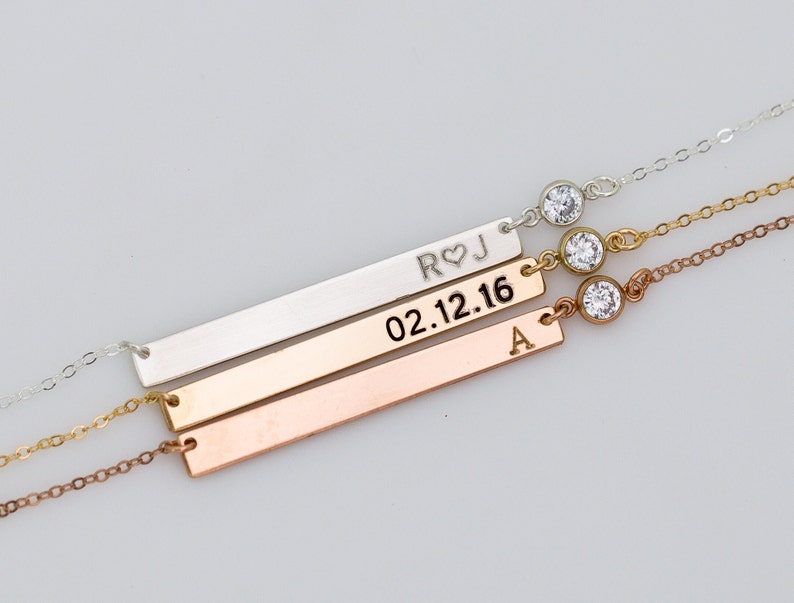 Long Bar Necklace, Personalized Engraved Nameplate Necklace, CZ Diamond Jewelry, Skinny Gold Name Bar Necklace, Quote, Meaningful Gift image 3