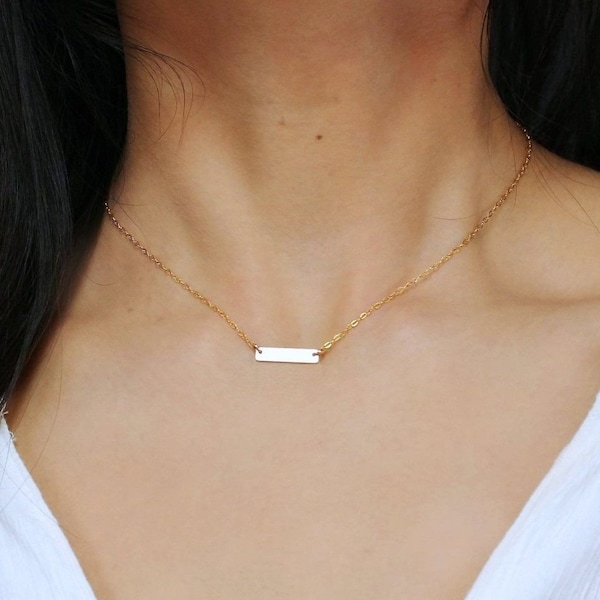 Tiny Skinny Gold Bar Necklace / Engraved Name Plate Necklace / Rose Gold Tiny Nameplate Necklace / Personalized Initial Bar, Delicate Chain