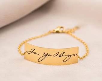 Personalized Actual Handwritten Bar Bracelet, Engraved Real Handwriting Rectangle Plate Bracelet, Custom Grief Memorial Jewelry Gift for Her