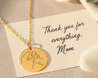 Personalized Child Name Necklace. Custom Name Circle Pendant Necklace. Baby Hand in Hand for New Mom Jewelry, Gift for First-Time Mother