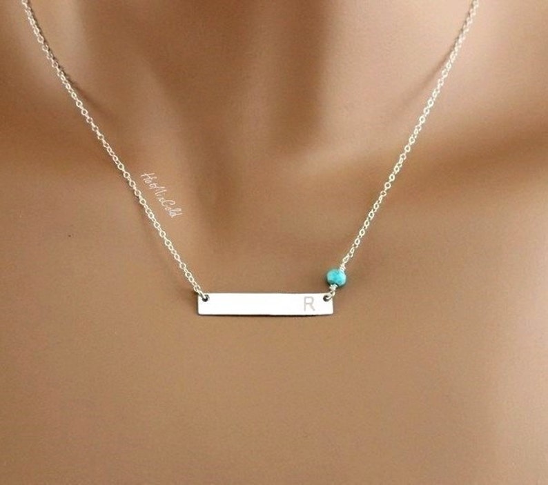 Silver Bar Necklace, Personalized Monogram Horizontal Necklace, bar engrave necklace, bar necklace with name, Name Plate Birthstone Necklace image 1