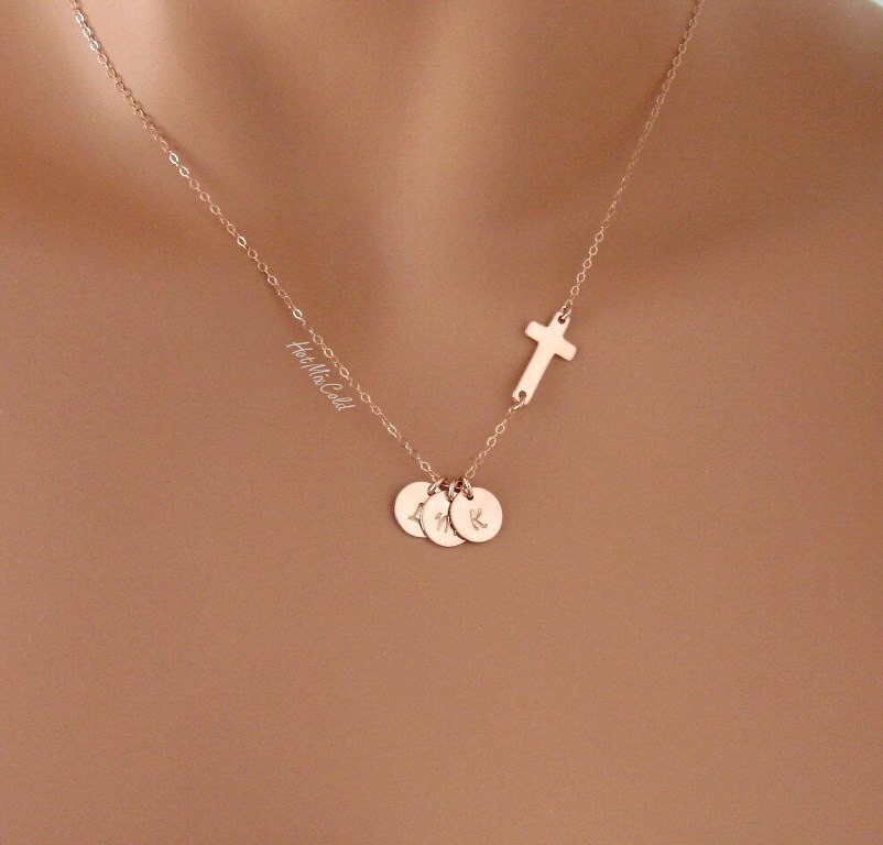 Personalized THREE Initials Necklace and Rose Gold Sideways Cross