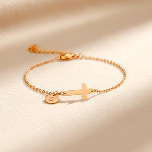 Personalized Cross Bracelet, Rose Gold Minimalist Religious Cross Jewelry, Gold Initial Circle Disc Bracelet, Silver Tiny Charm Bracelet