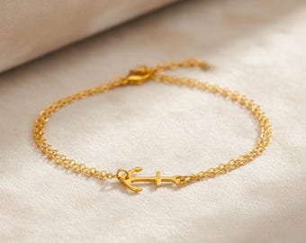 Small Anchor Bracelet with Double Thin Chains, Delicate Gold Anchor Bracelet, Silver or Rose Gold Nautical Jewelry, Gift for Her