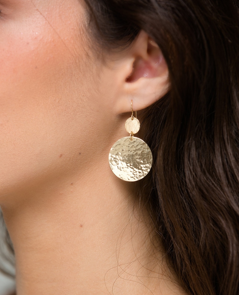 Double Circle Earrings, Hammered Double Disc Earrings, Two Coin Dangle Jewelry, Statement Drop Earrings for Women, Gift for Her image 6