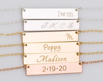 Double sided Gold Nameplate Bar Necklace, Custom Name Jewelry, Delicate Name Plate Gift for Her, Coordinates, Monogram, Date, Roman Numerals