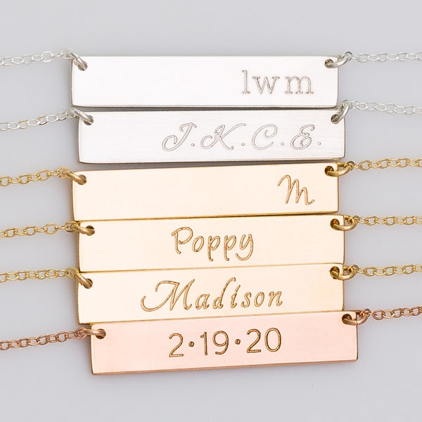Double sided Gold Nameplate Bar Necklace, Custom Name Jewelry, Delicate Name Plate Gift for Her, Coordinates, Monogram, Date, Roman Numerals