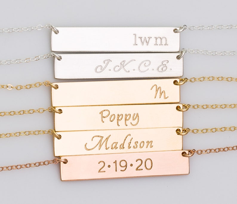 Gold Nameplate Bar Necklace, Custom Name Jewelry, Delicate Name Plate Gift for Her, Coordinates, Monogram, Date, Roman Numerals, Initial 