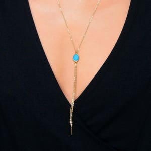Gold Tassel Necklace, Birthstone Silver Tassel Necklace, Turquoise Birthstone Jewelry, Customized Delicate Y Lariat Necklace image 2