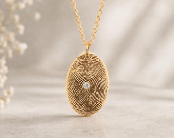 Personalized Fingerprint Necklace, Custom Birthstone CZ Jewelry, Meaningful Gift for Her, Oval Pendant 925 Silver, 14K Gold fill
