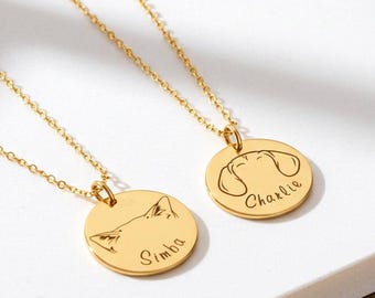 Personalized Dog Cat Ear Outline Necklace, Engraved Cat Dog Name Jewelry, Pet Head Sketch Pendant Necklace, Grief Memorial Gift for Her