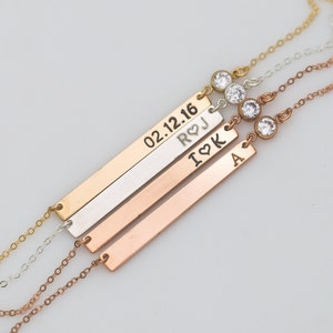 Long Bar Necklace, Personalized Engraved Nameplate Necklace, CZ Diamond Jewelry, Skinny Gold Name Bar Necklace, Quote, Meaningful Gift image 4