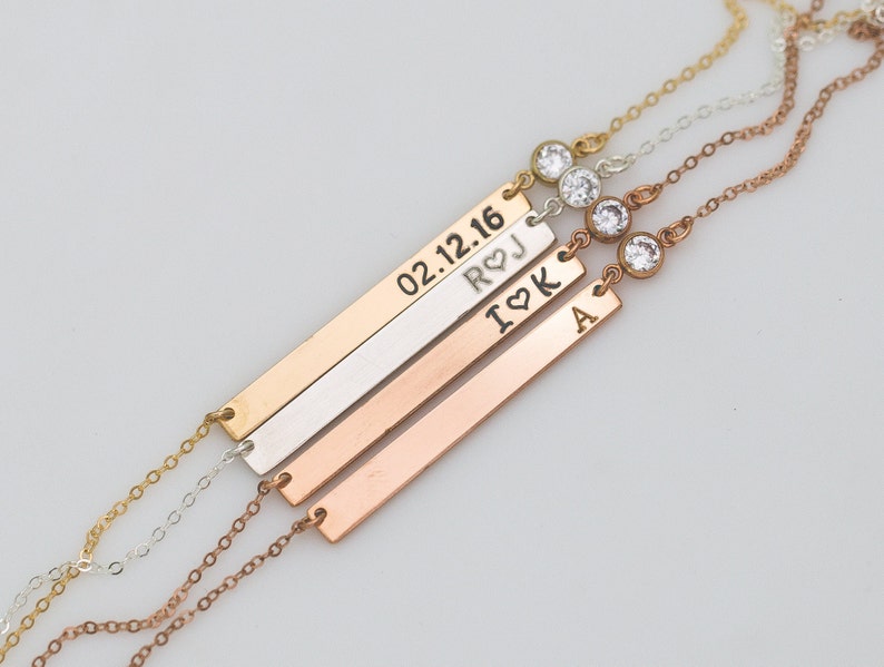 Long Bar Necklace, Personalized Engraved Nameplate Necklace, CZ Diamond Jewelry, Skinny Gold Name Bar Necklace, Quote, Meaningful Gift image 4