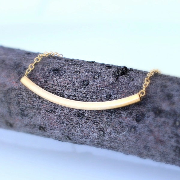 Curved Bar Necklace, Gold Tube Bar Necklace, Silver Thin Bar Necklace, Layering Jewelry, Rose Gold Delicate Necklace