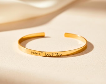 Customized Actual Handwritten Cuff Bracelet, Real Handwriting Band Bracelet, Stacking Bar Band Jewelry, Meaningful Gift for Her