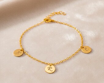 Personalized Tiny Circle Letter Charm Bracelet, Initial Round Pendant Jewelry, Dainty Bridesmaid's Gifts Gold, Silver