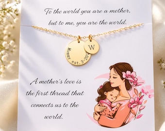 Personalized Mom Necklace and Message Card, New Mother with Child Initial Pendant Jewelry, Gold Mother Necklace with Birth Date and Letter